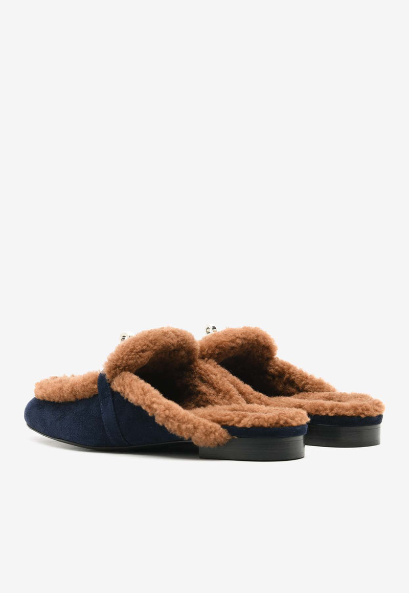 Hermès Oz Flat Mules in Marine Suede and Gold Shearling OZFMMSGSHER