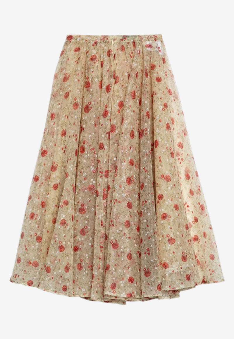 Prada Floral Print Midi Flared Skirt Red P169KOOO15AD/P_PRADA-F0011