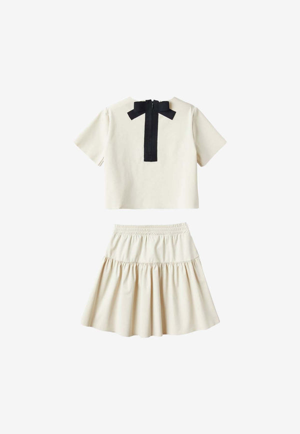 Il Gufo Girls Grosgrain Bow T-shirt and Skirt Set Beige P24DP455N0074-ANY/O_GUFO-1449