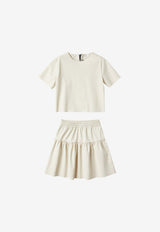 Il Gufo Girls Grosgrain Bow T-shirt and Skirt Set Beige P24DP455N0074-BNY/O_GUFO-1449