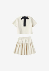 Il Gufo Girls Grosgrain Bow T-shirt and Skirt Set Beige P24DP455N0074-BNY/O_GUFO-1449