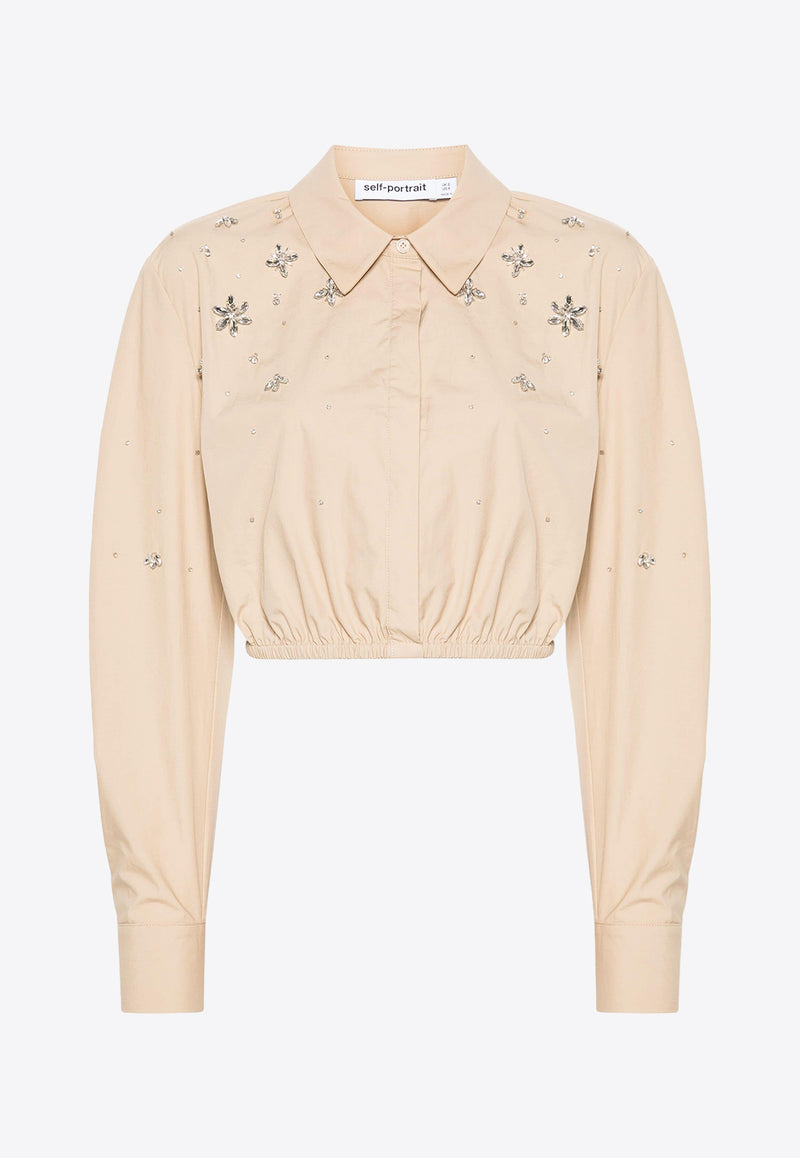 Self-Portrait Crystal-Embellished Cropped Shirt PF24-036T-BGBEIGE