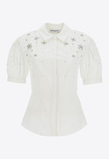 Self-Portrait Crystal-Embellished Puff-Sleeve Shirt PF24-036TA-WWHITE