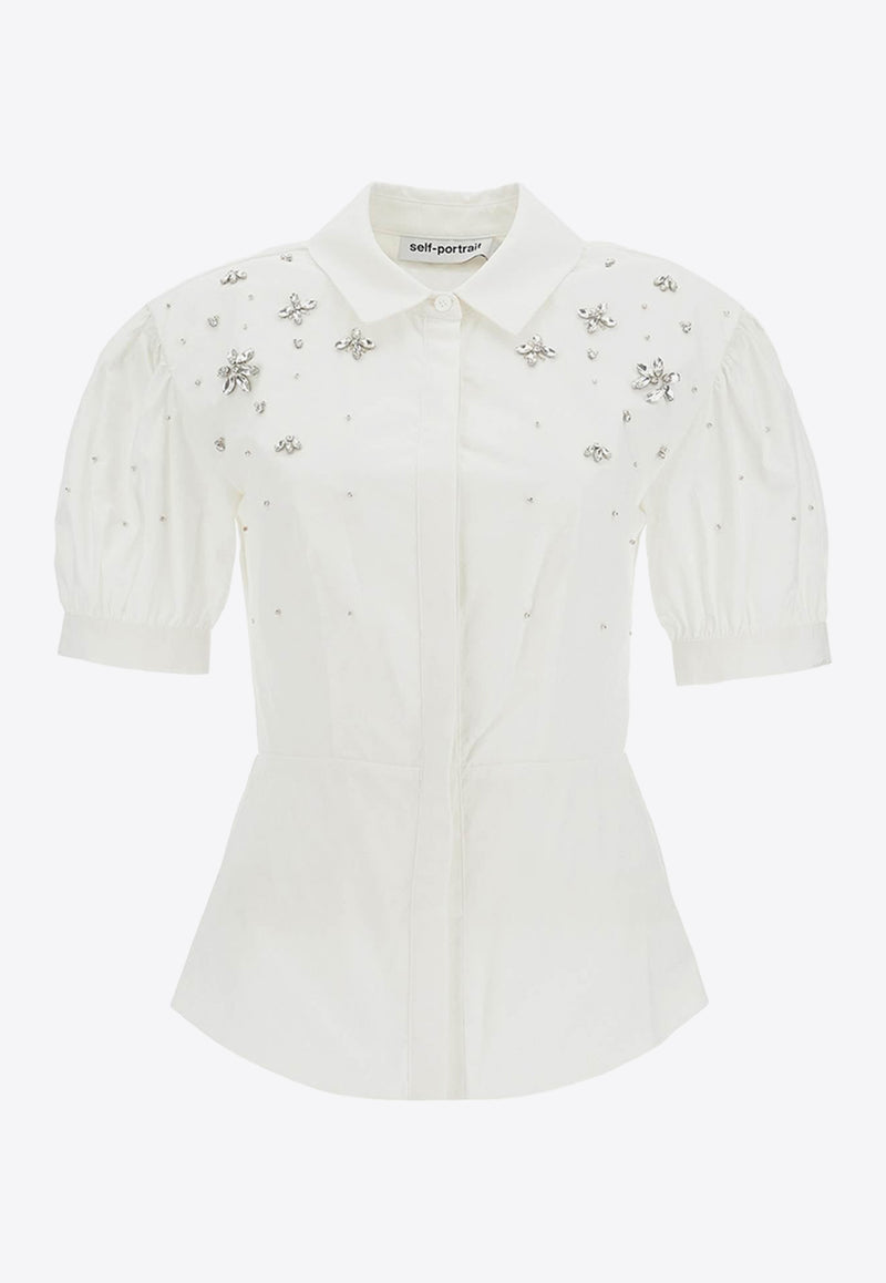 Self-Portrait Crystal-Embellished Puff-Sleeve Shirt PF24-036TA-WWHITE