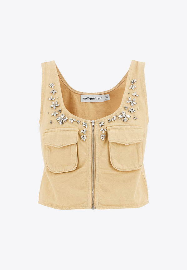 Self-Portrait Sleeveless Denim Zip-Up Vest PF24-823T-BGBEIGE