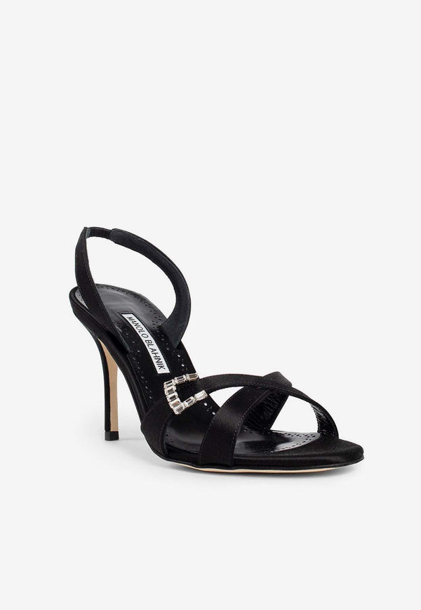 Manolo Blahnik Ramisli 90 Crystal Buckle Satin Sandals  RAMISLI 90 BLACK 0015 1700-0001