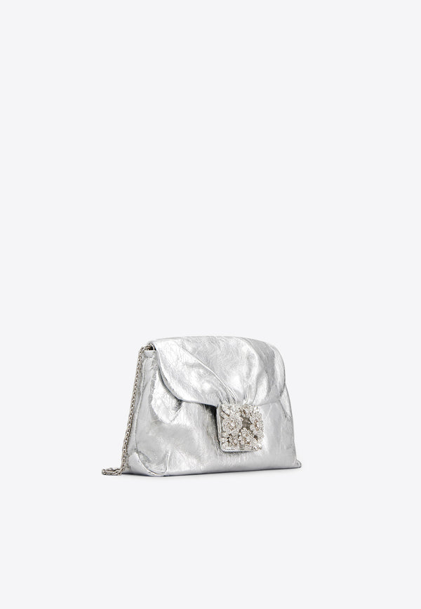 Roger Vivier Mini Drape Bouquet Crystal Buckle Clutch in Metallic Leather RBWANVC0100T0HB200 B200 Silver