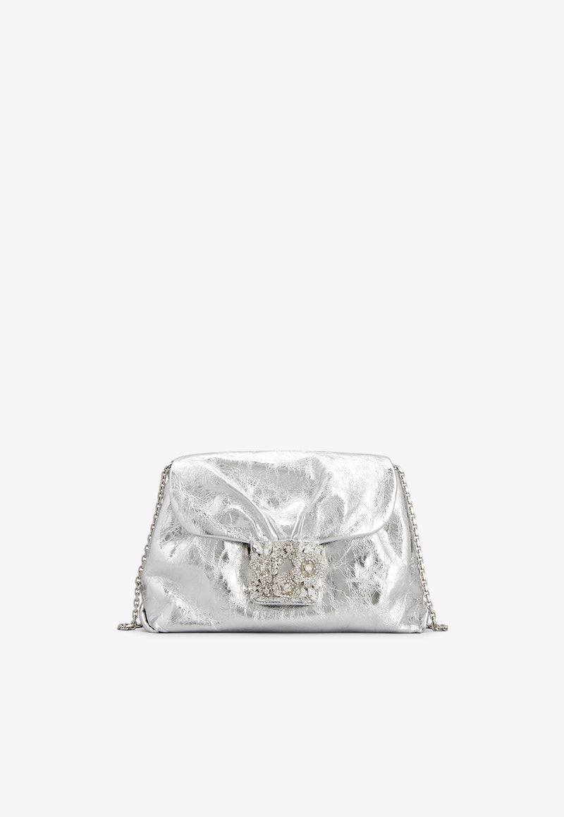 Roger Vivier Mini Drape Bouquet Crystal Buckle Clutch in Metallic Leather RBWANVC0100T0HB200 B200 Silver