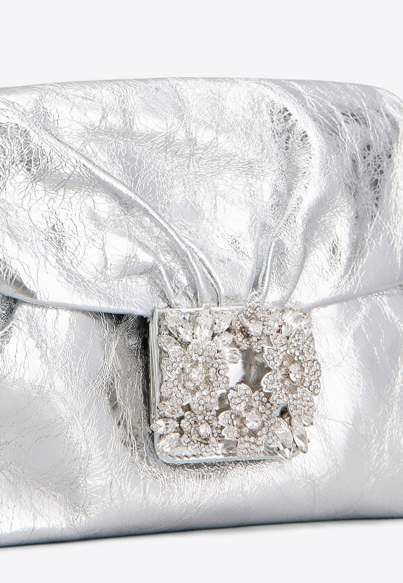 Roger Vivier Mini Drape Bouquet Crystal Buckle Clutch in Metallic Leather RBWANVC0100T0HB200 B200 Silver