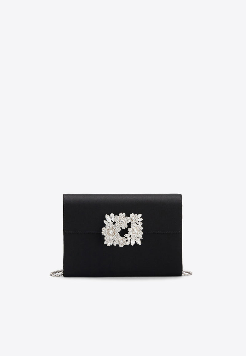 Roger Vivier Mini Bouquet Crystal Buckle Clutch in Satin RBWANVD0100RS0B999 B999 Black