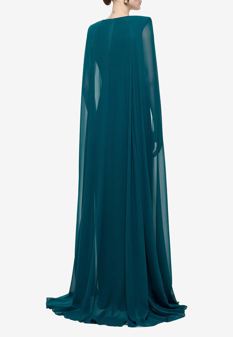 Roland Mouret Cape-Sleeved Crepe Gown Green RM-AW24-010G-DGGREEN