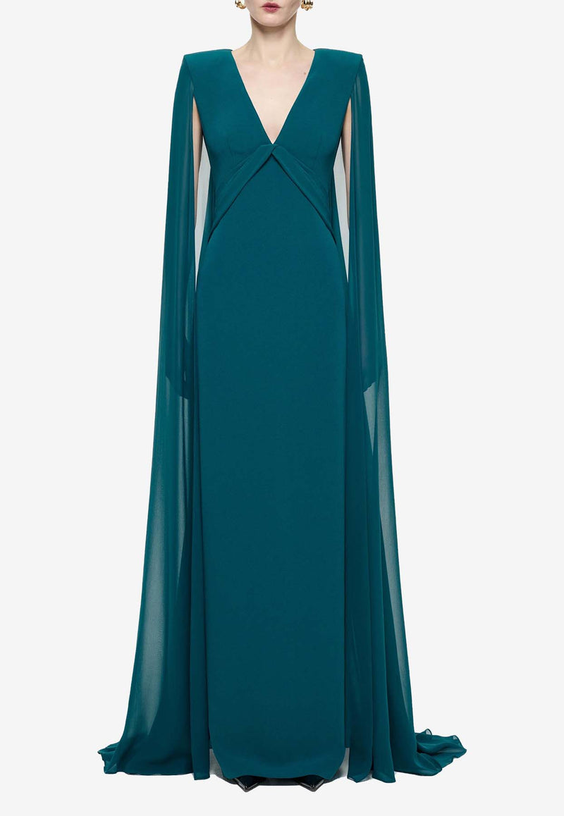 Roland Mouret Cape-Sleeved Crepe Gown Green RM-AW24-010G-DGGREEN