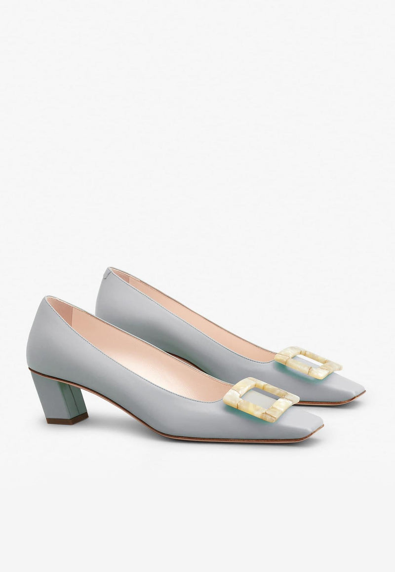 Roger Vivier Belle Vivier 45 Mother-of-Pearl Buckle Pumps in Leather RVW00627760BSSB206 B206 Gray