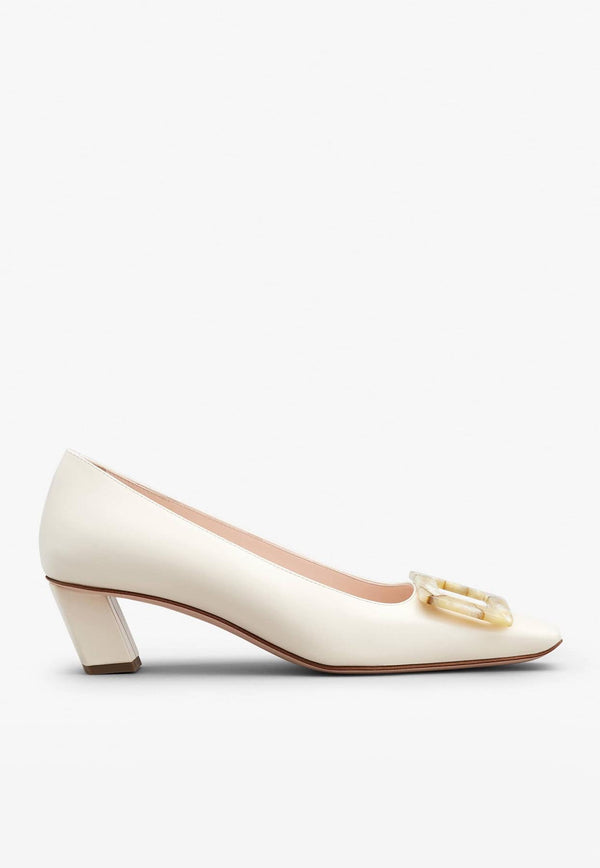 Roger Vivier Belle Vivier 45 Mother-of-Pearl Buckle Pumps in Leather RVW00627760BSSC019 C019 Off-white