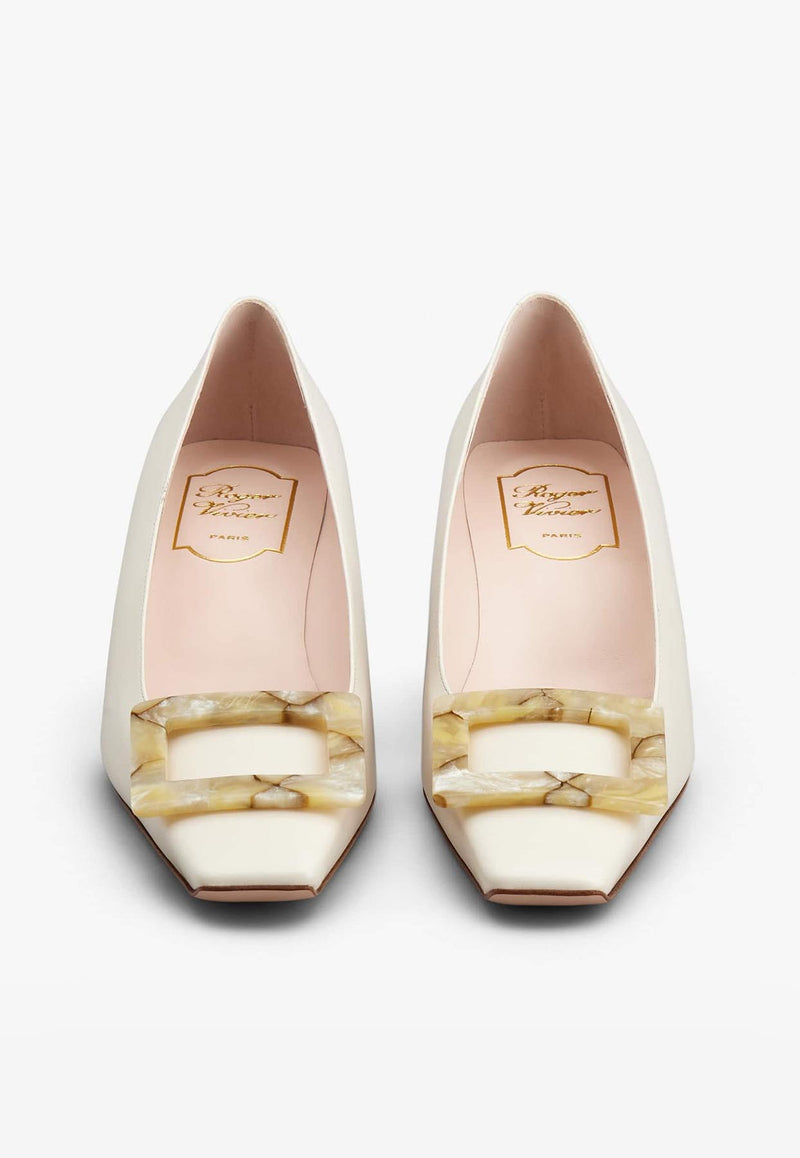 Roger Vivier Belle Vivier 45 Mother-of-Pearl Buckle Pumps in Leather RVW00627760BSSC019 C019 Off-white