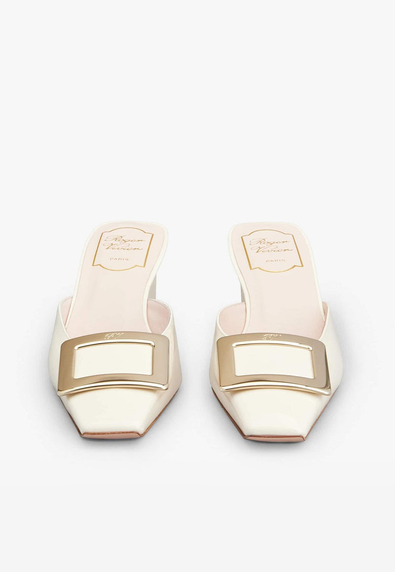 Roger Vivier Belle Vivier 45 Metal Buckle Mules in Patent Leather RVW00629000D1PC019 C019 Off-white