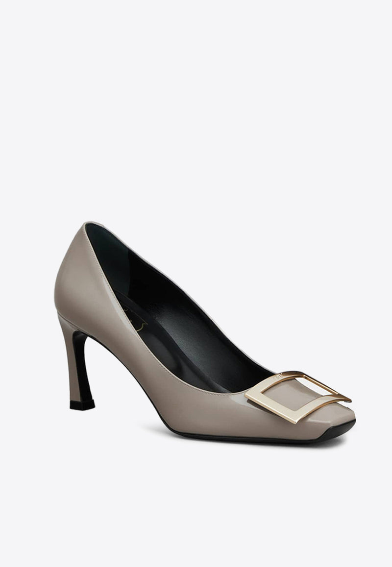 Roger Vivier Trompette 70 Metal Buckle Pumps in Patent Leather RVW40015280D1PC415 C415 Beige