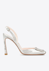 Roger Vivier Trompette 100 Metal Buckle Slingback Pumps in Leather RVW40137740T0HB200 B200 Silver