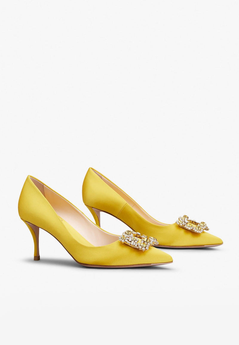 Roger Vivier 65 Flower Strass Buckle Pumps in Satin RVW41417620RS0G211 G211 Yellow