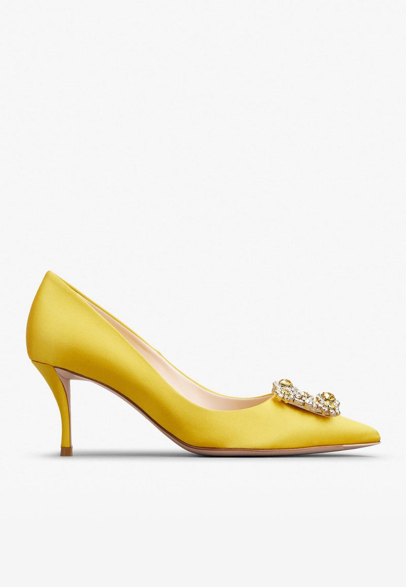 Roger Vivier 65 Flower Strass Buckle Pumps in Satin RVW41417620RS0G211 G211 Yellow