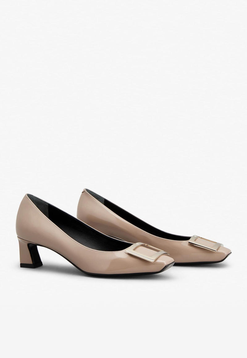 Roger Vivier Trompette 45 Metal Buckle Pumps in Patent Leather RVW44815280D1PC415 C415 Beige