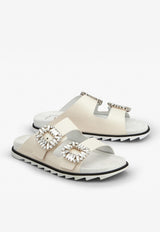 Roger Vivier Slidy Viv
 Crystal Buckle Leather Mules RVW45818820BSSC019 C019 Off-white