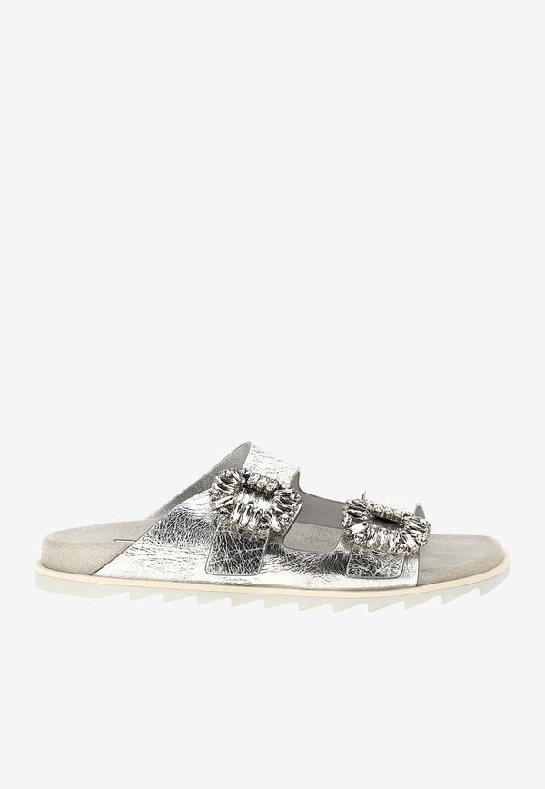 Roger Vivier Slidy Viv
 Metallic Leather Slides Silver RVW45818820T0H9999 9999