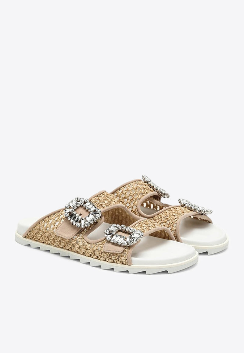 Roger Vivier Raffia Slidy Viv
 Rhinestone Buckle Slides RVW45837840RNK/O_ROGVI-5T97