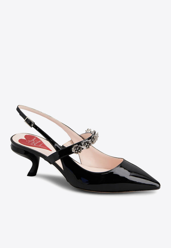 Roger Vivier Virgule 55 Flower Slingback Pumps in Patent Leather RVW63837980D1PB999 B999 Black