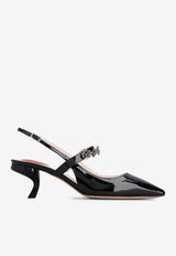 Roger Vivier Virgule 55 Flower Slingback Pumps in Patent Leather RVW63837980D1PB999 B999 Black