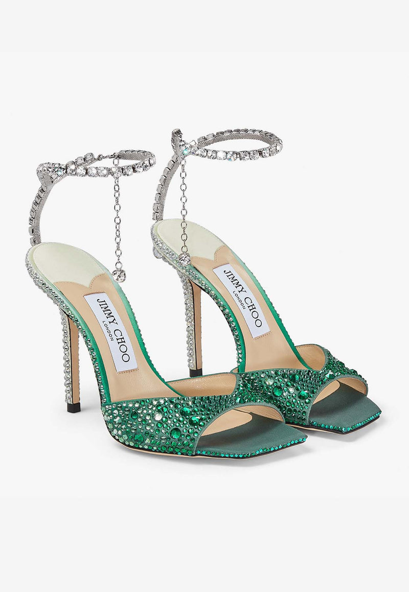 Jimmy Choo Saeda 100 Crystal-Embellished Sandals SAEDA SANDAL 100 ZPJ EMERALD/CRYSTAL