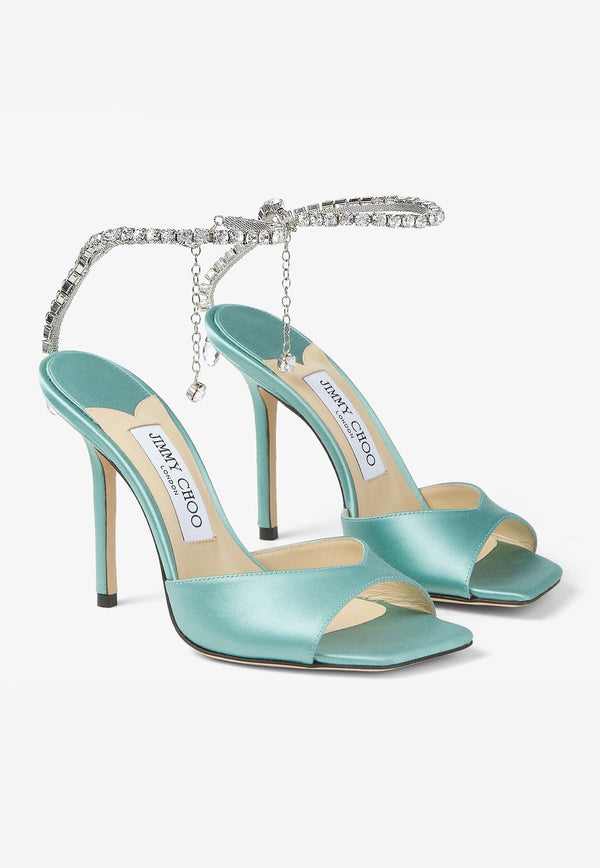 Jimmy Choo Saeda 100 Crystal-Embellished Satin Sandals SAEDA SANDAL 100BGH SMOKE GREEN/CRYSTAL