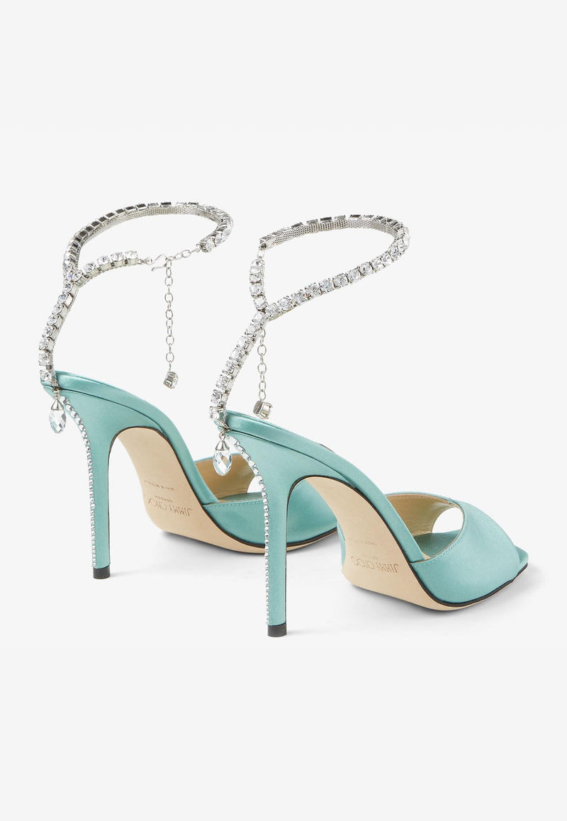 Jimmy Choo Saeda 100 Crystal-Embellished Satin Sandals SAEDA SANDAL 100BGH SMOKE GREEN/CRYSTAL