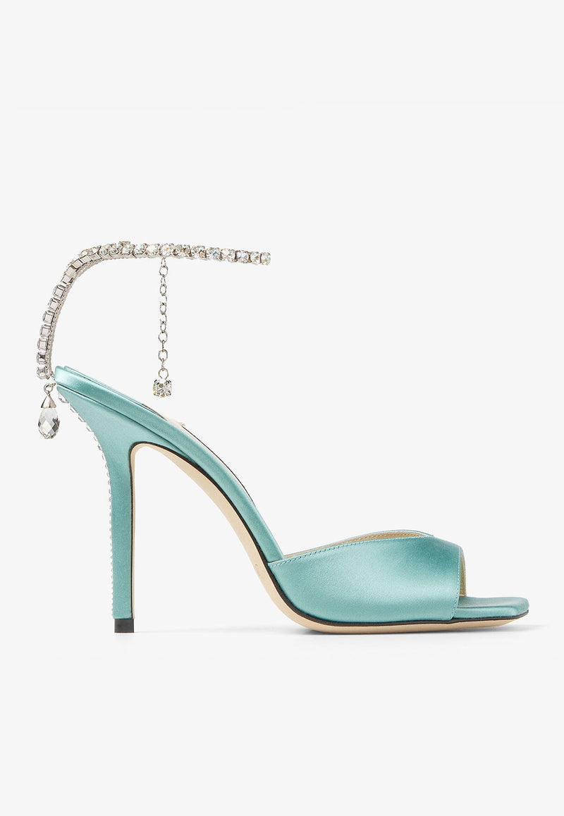 Jimmy Choo Saeda 100 Crystal-Embellished Satin Sandals SAEDA SANDAL 100BGH SMOKE GREEN/CRYSTAL