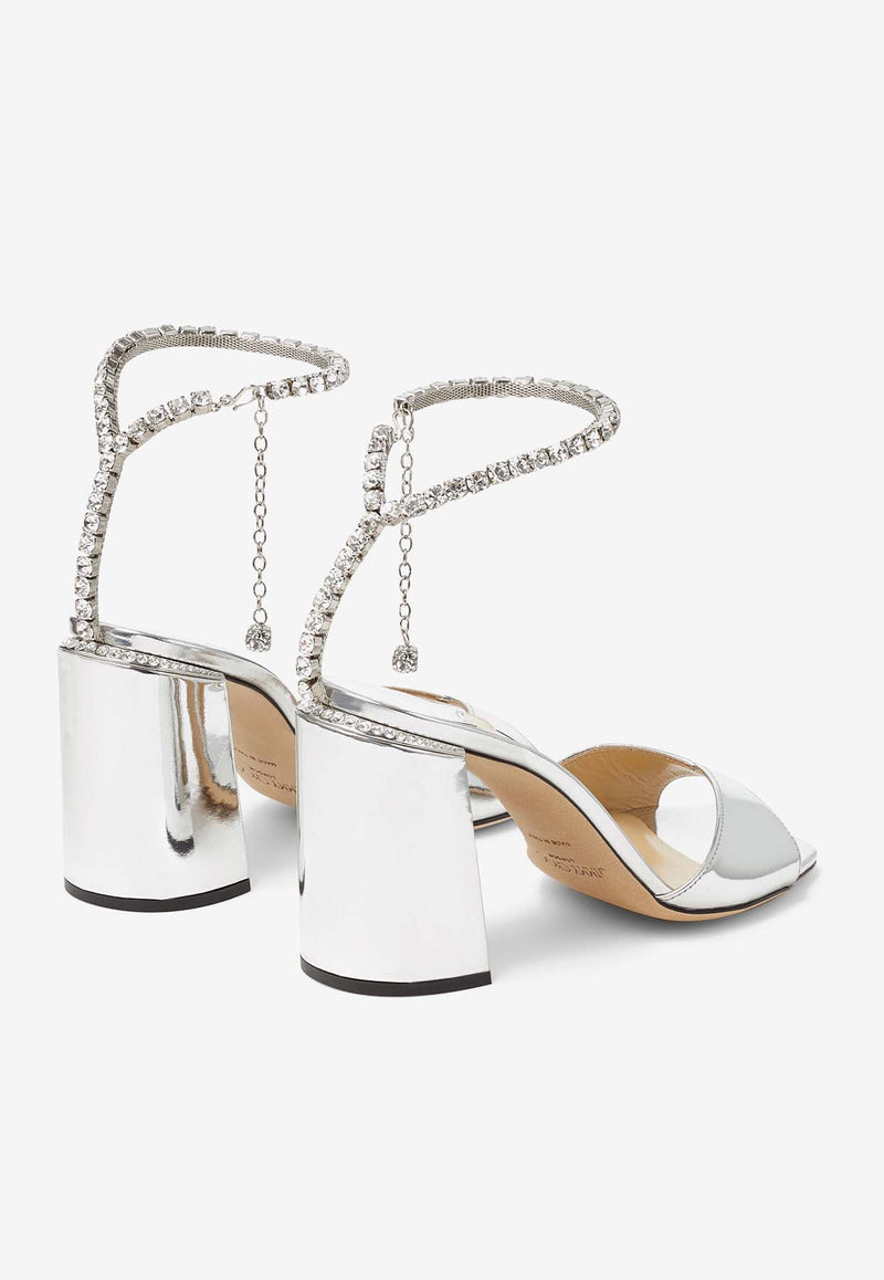 Jimmy Choo Saeda 85 Block Heel Sandals in Metallic Leather SAEDA S/BH 85 BAQ SILVER/CRYSTAL