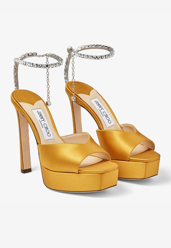 Jimmy Choo Saeda 125 Crystal-Embellished Platform Sandals in Satin SAEDA SNDLPF125BGH SUNFLOWER/CRYSTAL