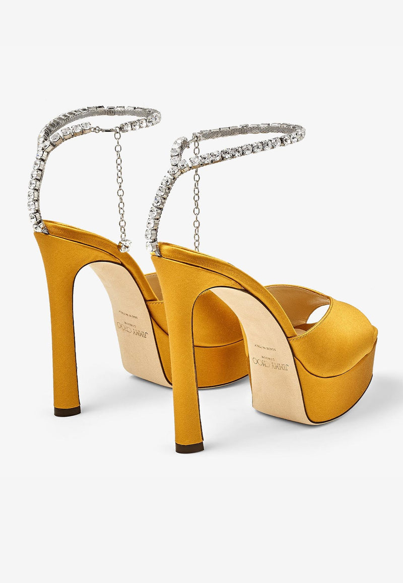 Jimmy Choo Saeda 125 Crystal-Embellished Platform Sandals in Satin SAEDA SNDLPF125BGH SUNFLOWER/CRYSTAL