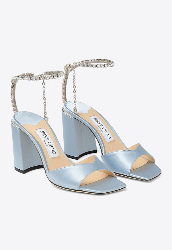 Jimmy Choo Saeda 85 Crystal Chain Sandals in Satin SAEDA/BH 85 BGH ICE BLUE/CRYSTAL