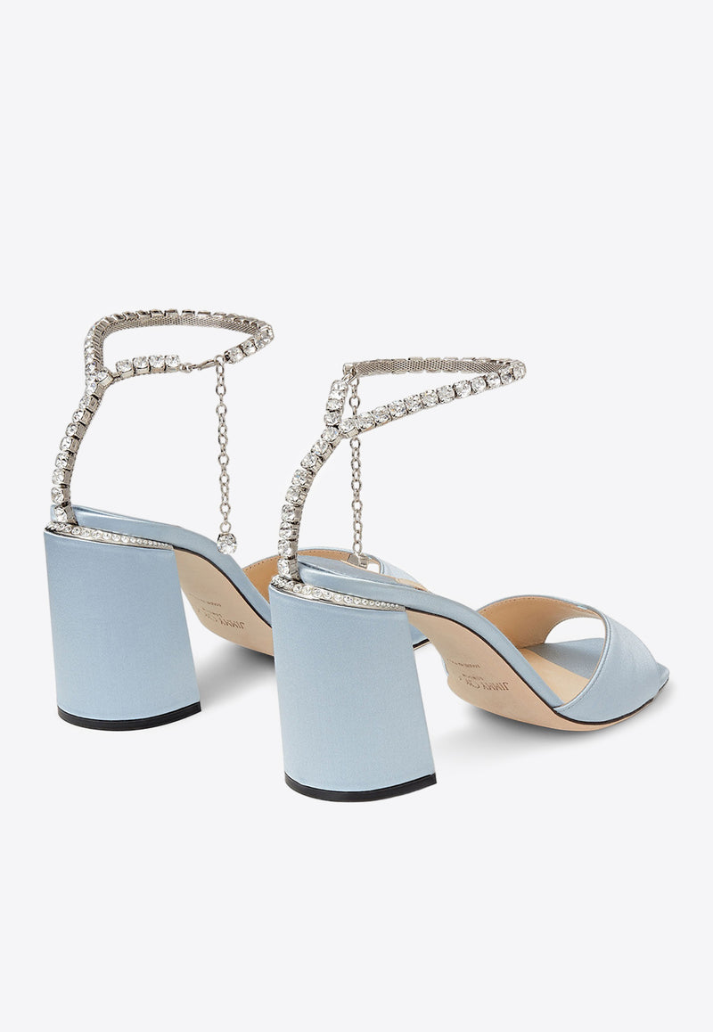 Jimmy Choo Saeda 85 Crystal Chain Sandals in Satin SAEDA/BH 85 BGH ICE BLUE/CRYSTAL