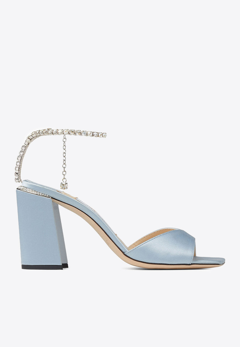 Jimmy Choo Saeda 85 Crystal Chain Sandals in Satin SAEDA/BH 85 BGH ICE BLUE/CRYSTAL