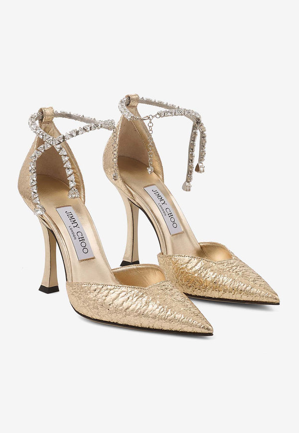 Jimmy Choo Stevie 100 Crystal-Embellished Metallic Pumps STEVIE 100 GZB GOLD Gold