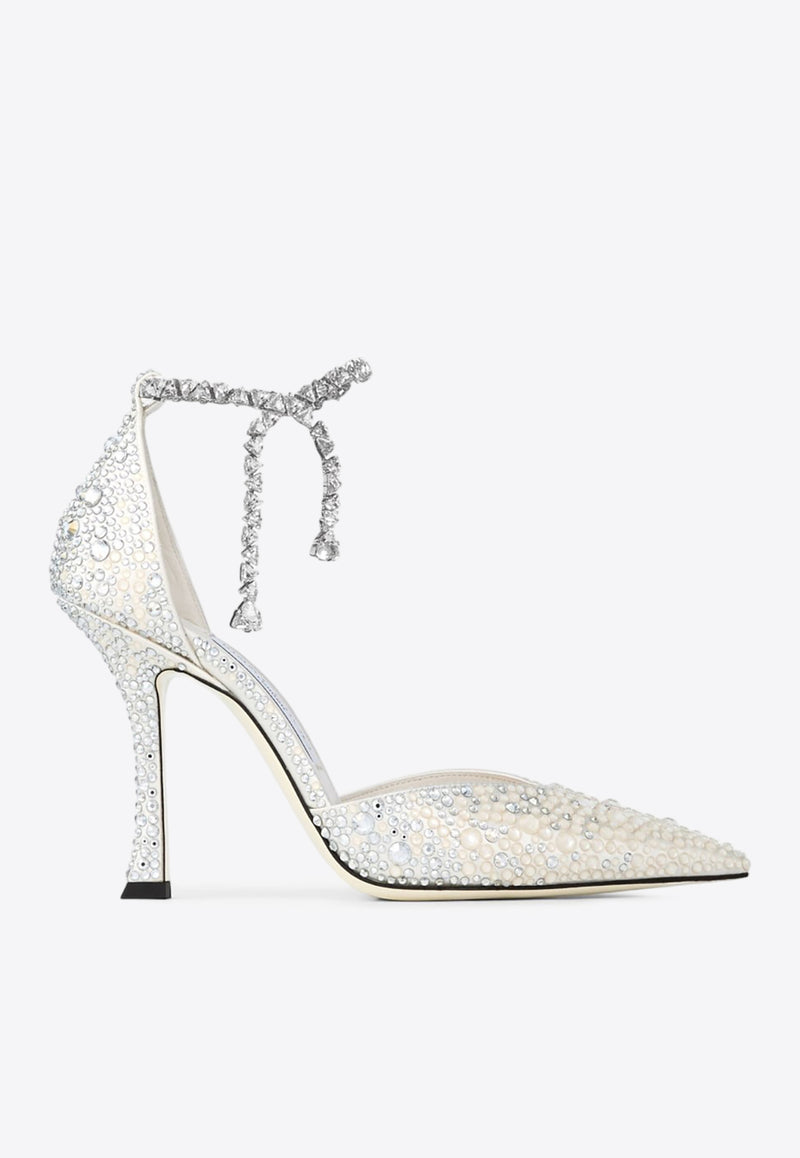 Jimmy Choo Stevie 100 Crystal Satin Pumps Ivory STEVIE 100 DKX IVORY/CRYSTAL