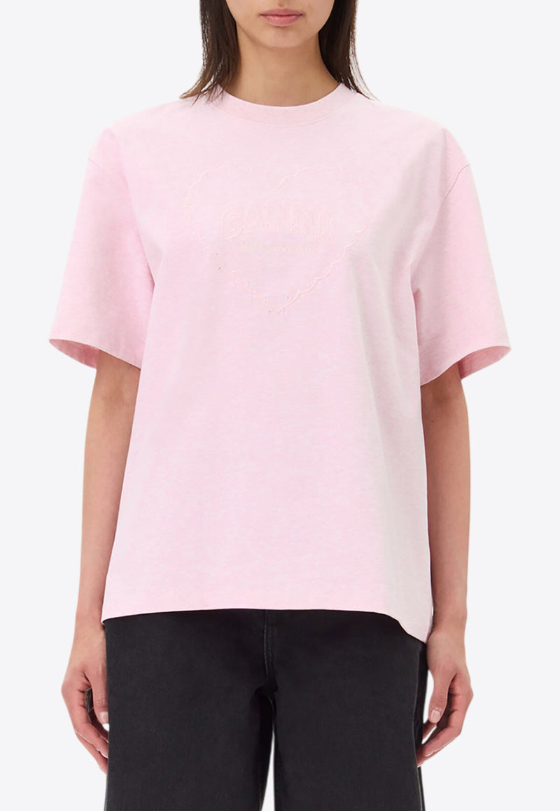 GANNI Dropped-Shoulder Heart Crewneck T-shirt Pink T4090PINK