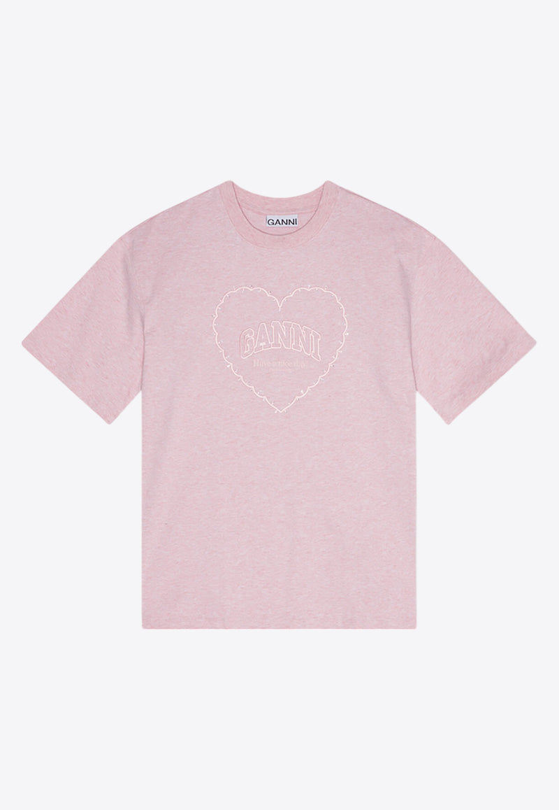 GANNI Dropped-Shoulder Heart Crewneck T-shirt Pink T4090PINK