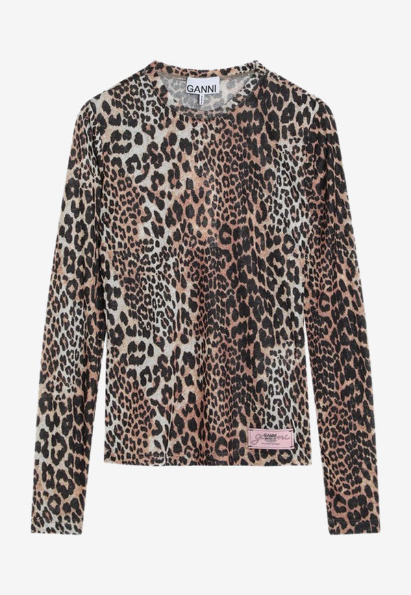 GANNI Leopard Printed Long-Sleeved T-shirt Brown T42083693/Q_GAN-943