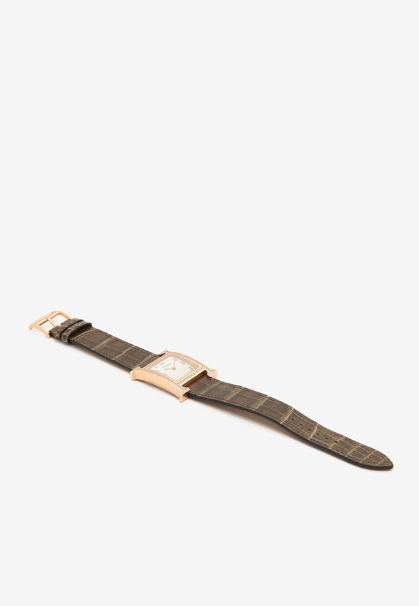 Hermès Medium Heure H 30mm Watch in Shiny Alligator Single Tour Strap with Diamond-Set Rose Gold Case