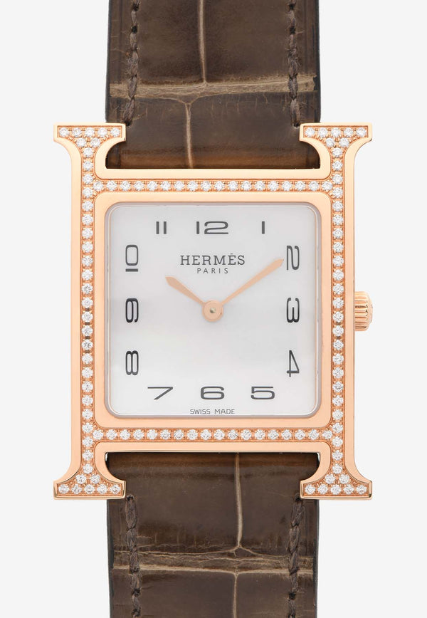 Hermès Medium Heure H 30mm Watch in Shiny Alligator Single Tour Strap with Diamond-Set Rose Gold Case