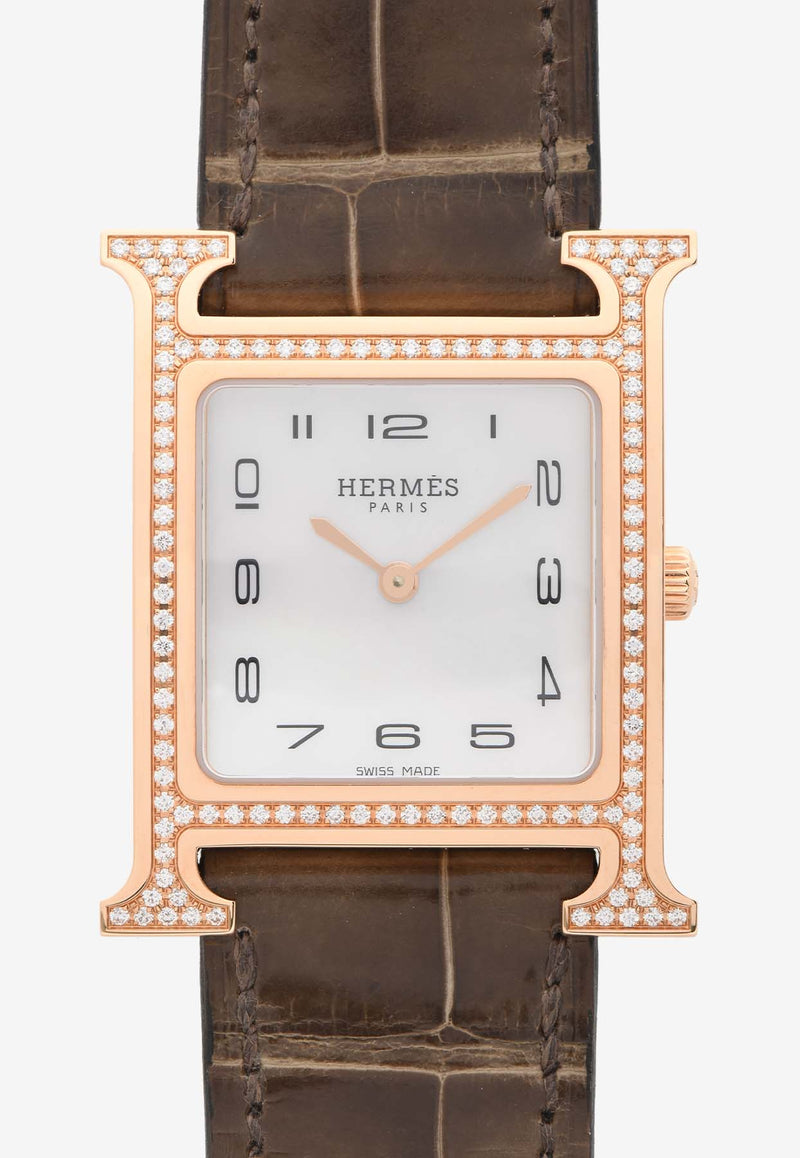 Hermès Medium Heure H 30mm Watch in Shiny Alligator Single Tour Strap with Diamond-Set Rose Gold Case