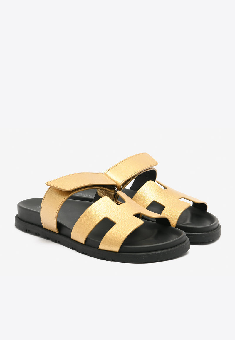 Hermès Chypre Sandals in Dore Metallic Grained Goatskin