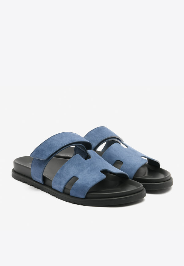 Hermès Chypre Sandals in Bleu Turquin Suede Leather